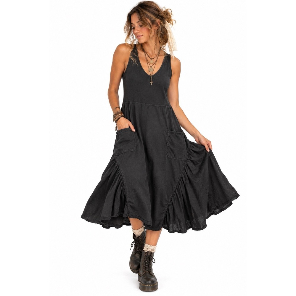XCVI Midi A-Line Dress S Black Cotton Lagenlook Boho Whimsigoth Grunge Fairy